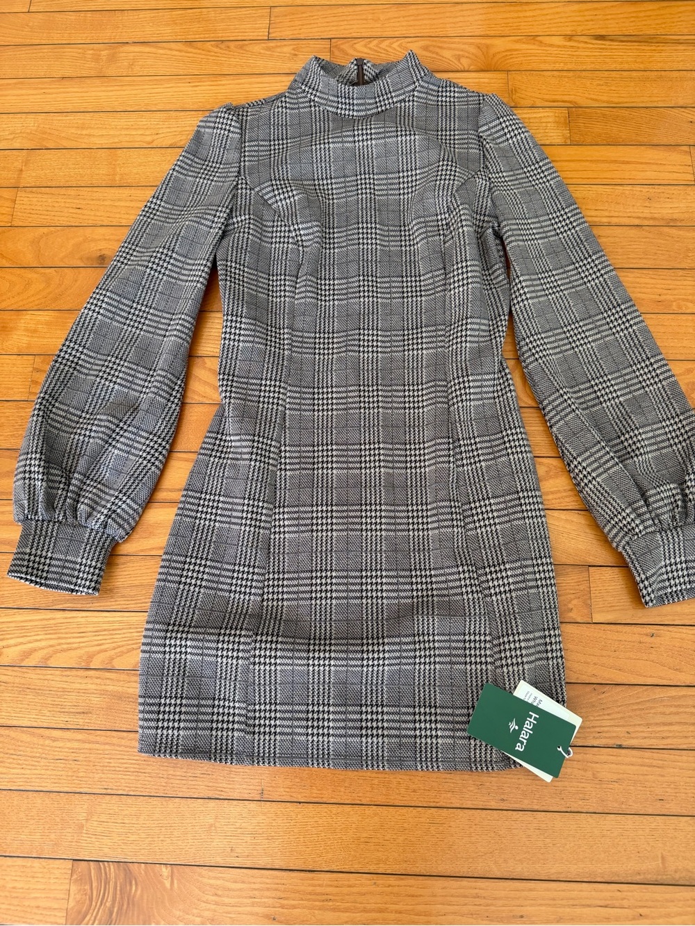 HALARA Black and Gray Plaid Long-Sleeve Mock Neck Mini Dress Small new with tag